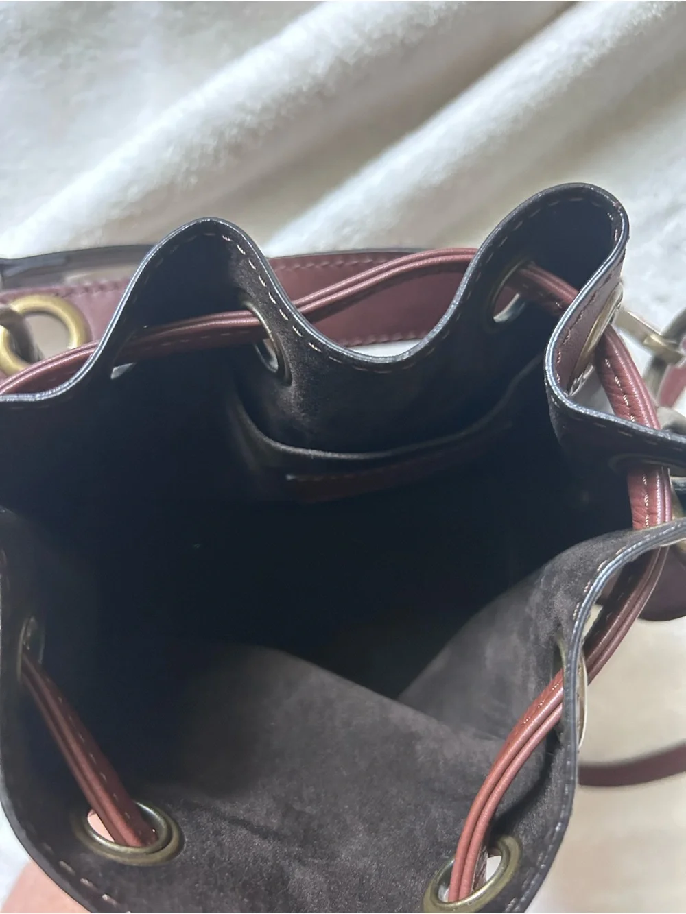 Stella Bianca Brown Italian Leather Brass Studded Drawcord Bucket Crossbody Bag